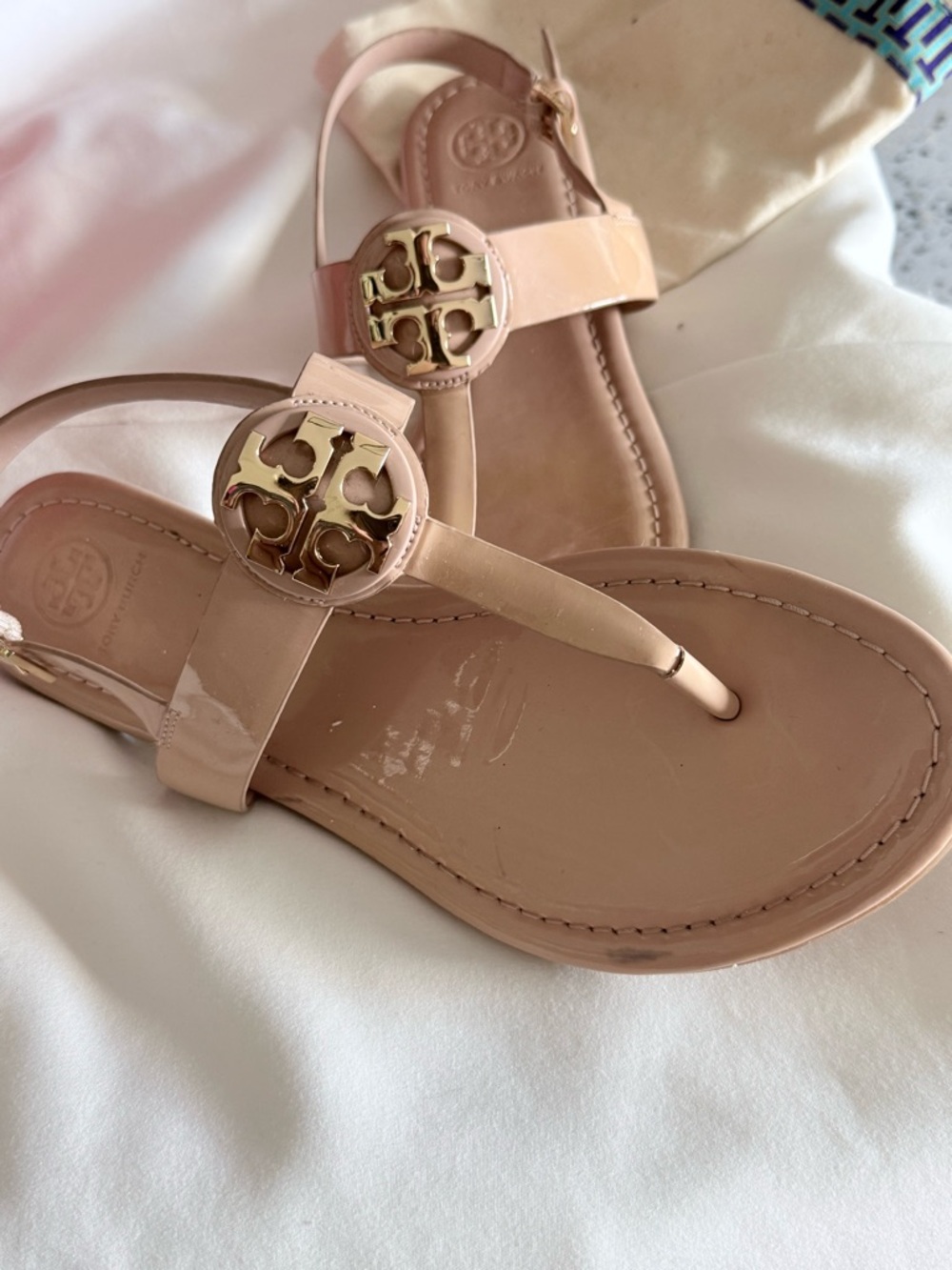Tory Burch Nude/Blush Patent Miller Logo Thong Sandals